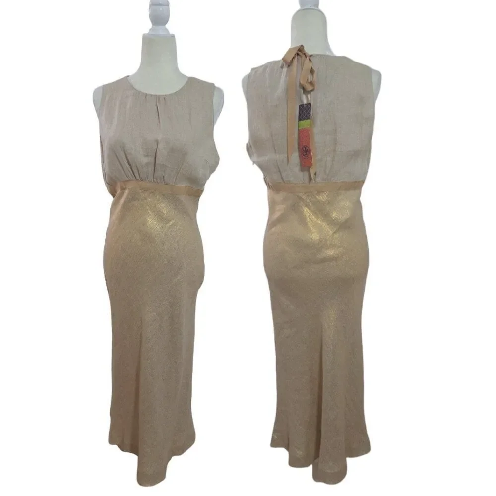 Tory Burch Women's Estee Dress Linen Gold Bias Cut Sleeveless Party Cocktail 10